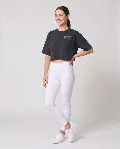 Off Duty The Weekend Cropped Tee in Washed Black on model, scene 3 — od-color:washed-black