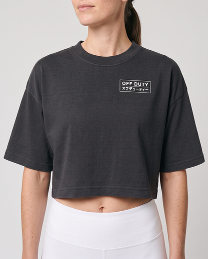 Off Duty The Weekend Cropped Tee in Washed Black on model, scene 4 — od-color:washed-black