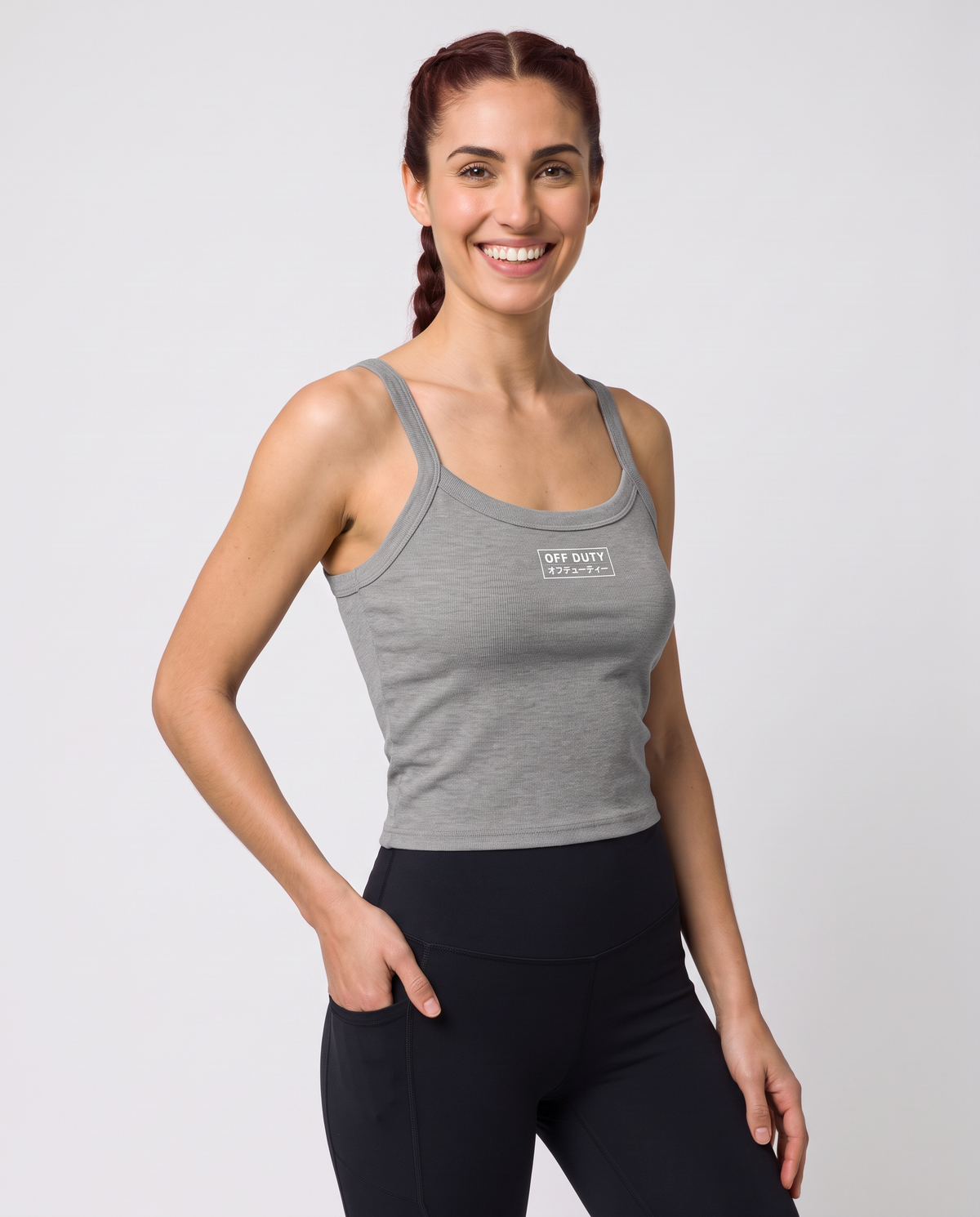 Off Duty The Weekend Ribbed Tank in Athletic Heather on model, scene 5 — od-color:athletic-heather