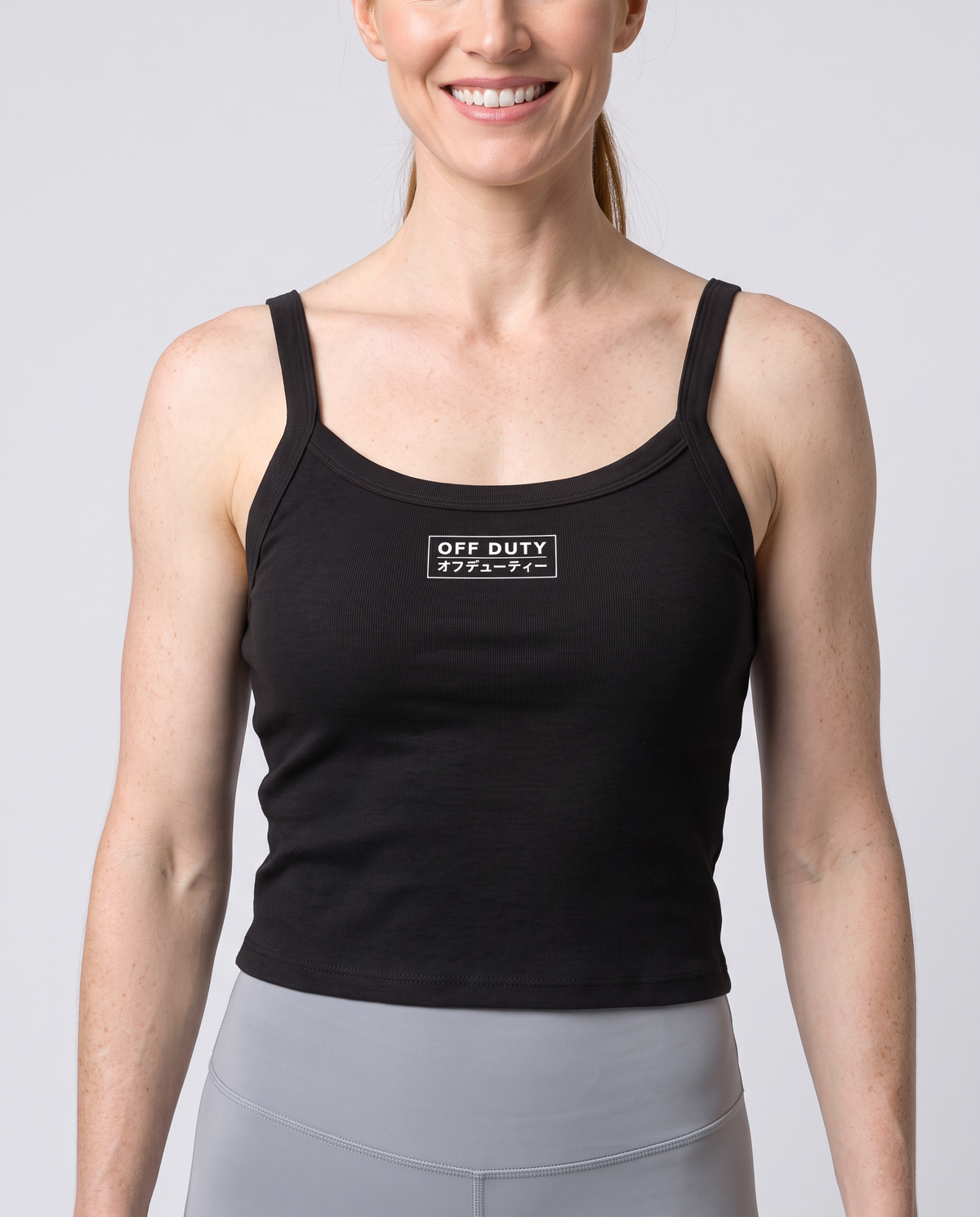 Off Duty The Weekend Ribbed Tank in Solid Black Blend on model, scene 4 — od-color:solid-black-blend
