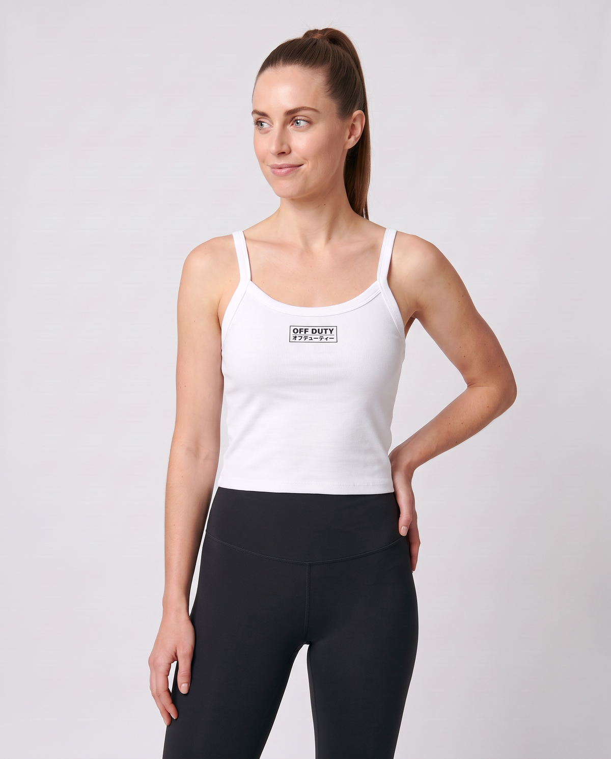 Off Duty The Weekend Ribbed Tank in Solid White Blend on model, scene 5 — od-color:solid-white-blend