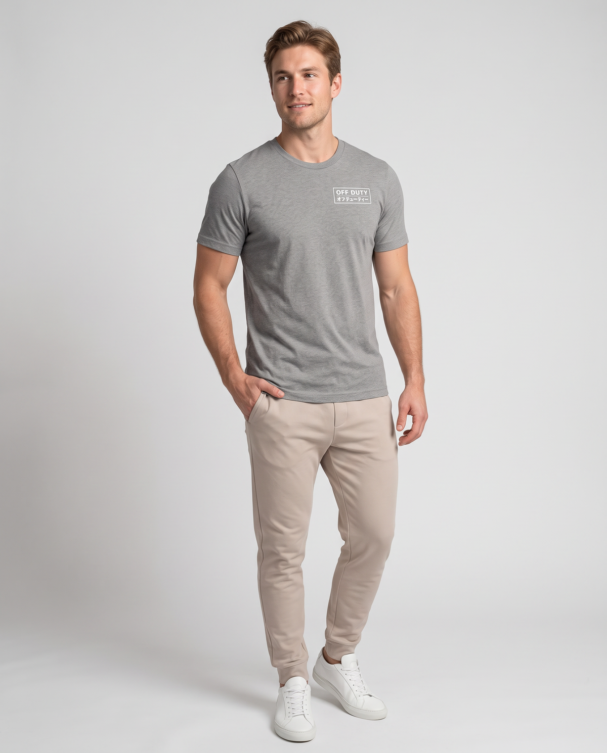 Off Duty Men's Triblend Tee in Gray on a studio model, scene 1