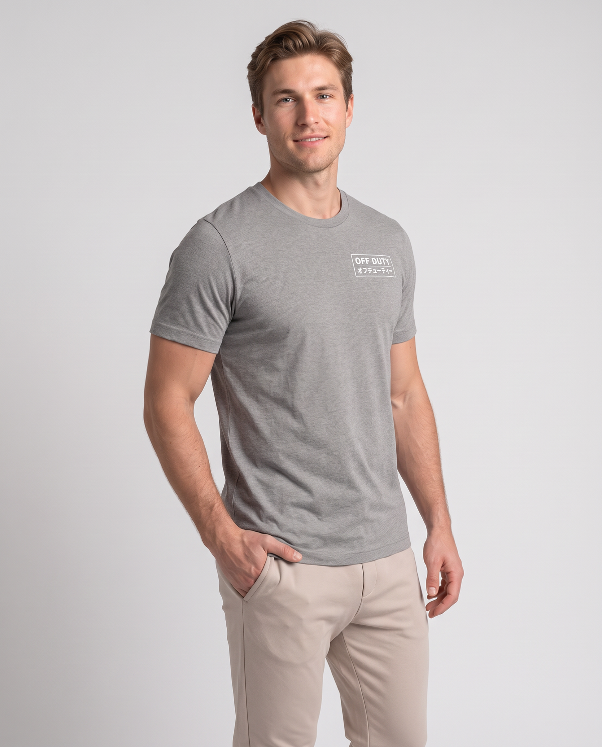Off Duty Men's Triblend Tee in Gray on a studio model, scene 2