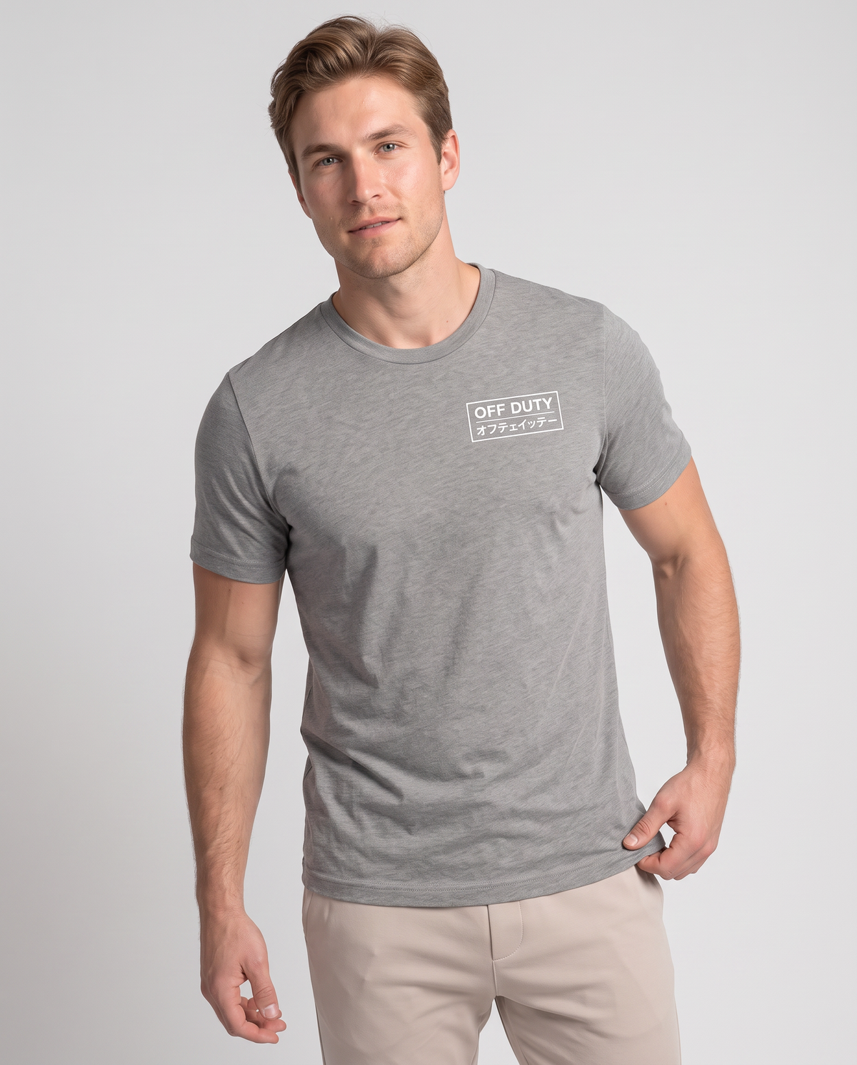 Off Duty Men's Triblend Tee in Gray on a studio model, scene 3